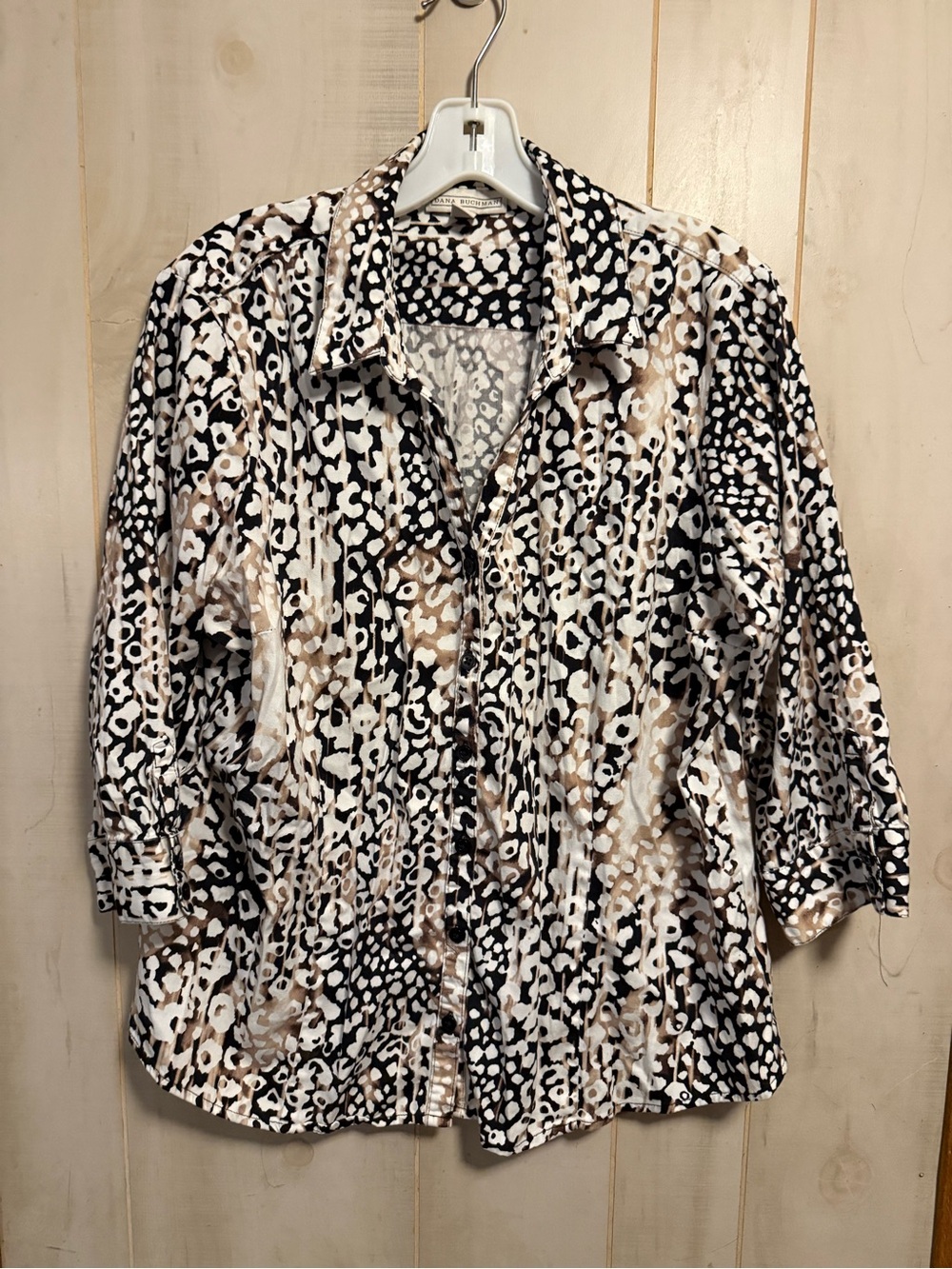 Dana Buchman Black White and Beige Animal Print Button-Front Shirt
